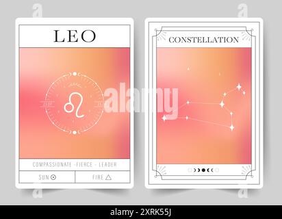 Leo. Witchcraft cards with astrology zodiac sign and constellation. Modern gradient blurred astrology posters in Y2k style. Perfect for tarot readers Stock Vector