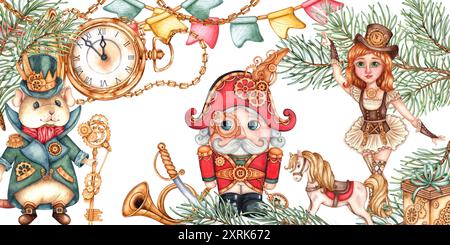 Nutcracker, ballerina, mouse king in steampunk style with fir branches, watercolor illustration. Gold watch, horse, rocking chair, gift, bugle, saber, Stock Photo