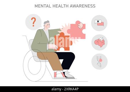 Mental Health Awareness concept. Elderly man in a wheelchair connects puzzle pieces, symbolizing cognitive challenges. Senior mind care, dementia prevention. Vector illustration. Stock Vector