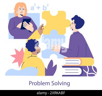 STEM education concept. Diverse students engage in collaborative problem solving with mathematical elements. Teamwork in learning and innovation. Vector illustration. Stock Vector