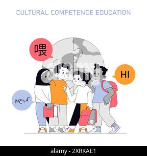 Cultural Competence Education concept. Diverse students interacting in front of a global backdrop, exchanging greetings. Multicultural learning environment. Vector illustration. Stock Vector