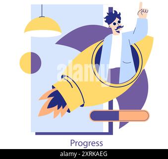 Innovation concept. A man in a rocket pointing upwards, symbolizing progress and motivation. Startup launch, creative thinking, and success journey. Vector illustration. Stock Vector