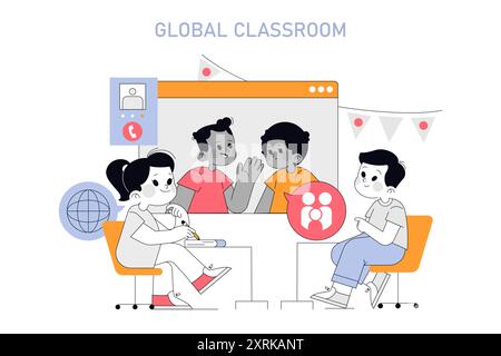 Global Classroom concept. Diverse students engage in a digital learning environment, highlighting online education dynamics. Vector illustration. Stock Vector
