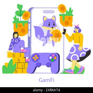 GameFi concept. Players engage with crypto earnings through a playful interface, highlighting gaming and finance. Vector illustration. Stock Vector