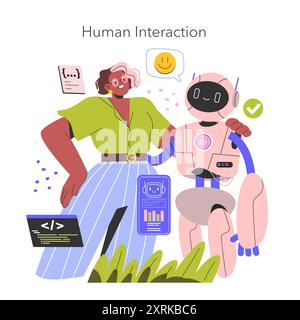 AI companionship illustration. A woman and her humanoid robot assistant interact, signaling the blending of technology and daily life. Vector illustration. Stock Vector