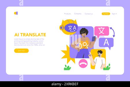 AI translation service concept. Illustration of people using artificial intelligence to convert text between languages. Accurate real-time communication. Vector illustration. Stock Vector