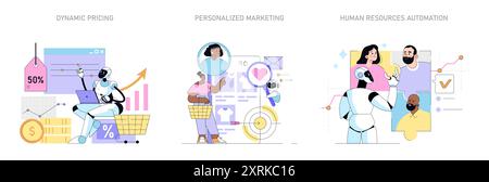 Artificial intelligence application set. Seamless integration of AI in business for dynamic pricing, personalized marketing, and HR automation. Vector illustration. Stock Vector