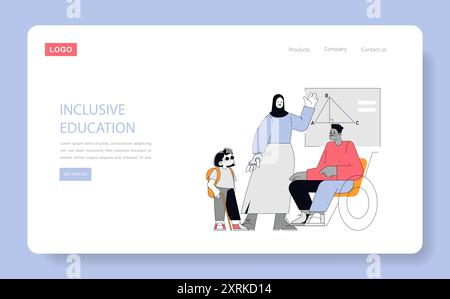Inclusive education concept. Diverse students with a teacher, one in a wheelchair, another using a cane. Classroom learning. Vector illustration. Stock Vector