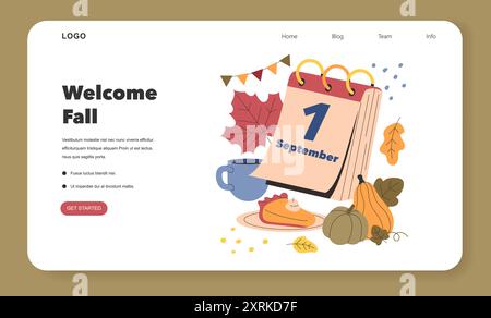 Welcome Fall concept. A cozy autumn scene with pumpkin, pie, and falling leaves marks the start of September. Vector illustration. Stock Vector
