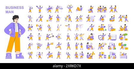 Businessman set. Daily activities and professional challenges of a modern entrepreneur. Office work, presentations, travel, and financial management. Vector illustration. Stock Vector