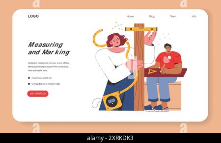 Woodworking DIY concept. Enthusiasts work together in a home workshop, using tools to measure and cut wood with precision. Teamwork in crafting. Vector illustration. Stock Vector