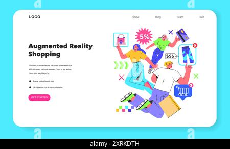 Fashion Tech concept. Dynamic illustration of shoppers using augmented reality tech to select and purchase clothes. Seamless online shopping experience. Vector illustration. Stock Vector