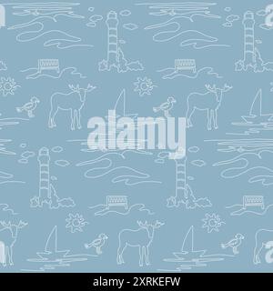 Continuous line art summer vacation, single line sketch seamless pattern, isolated. Stock Vector
