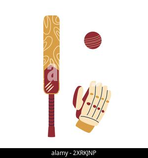 Cricket equipment isolated on white background. Bat, ball and glove. Vector hand drawn flat illustration Stock Vector