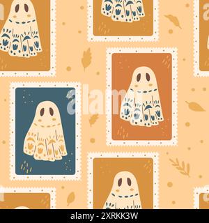 Halloween ghosts checked seamless pattern. Bento box repeat background. Festive ghoul with decorated sheet retro stamps endless surface design. Vector Stock Vector