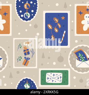 Vector Christmas seamless pattern. Stickers New Year repeat background. Hand drawn calm illustration. Stock Vector