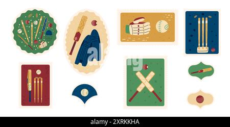 Set of-themed stamps featuring isolated on white background. Glove, ball, bat, helmet and leg pads Vector hand drawn collection Stock Vector