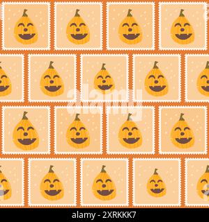 Halloween Pumpkins checked seamless pattern. Bento box curved squash repeat background. Jack o lantern retro stamps endless surface design. Vector han Stock Vector