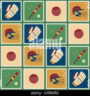 Cricket patchwork seamless pattern. Bento box repeat background. sport equipment retro post stamps endless design. Vector hand drawn flat illustration Stock Vector