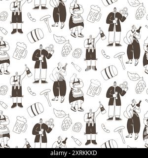 Oktoberfest seamless pattern. Doodle characters with alcohol drinks endless background. People with beverage continuous cover. Beer lovers repeat orna Stock Vector