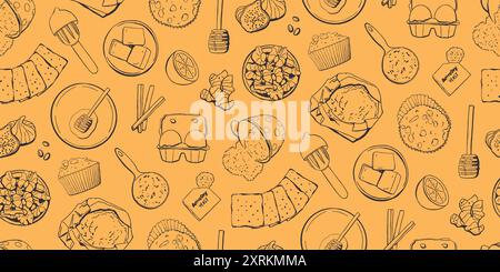 Cute seamless pattern with cupcake recipe product - Eggs, honey, nuts, flour, baking soda and other baking ingredients. Vector hand-drawn illustration Stock Vector