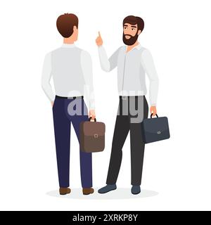 Two business colleagues having a conversation, one holding a briefcase and the other talking on the phone. Ideal for corporate and communication themes vector illustration Stock Vector