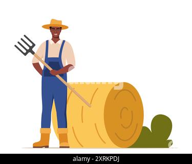Male farmer with hayfork black vector concept icon. Male farmer with ...