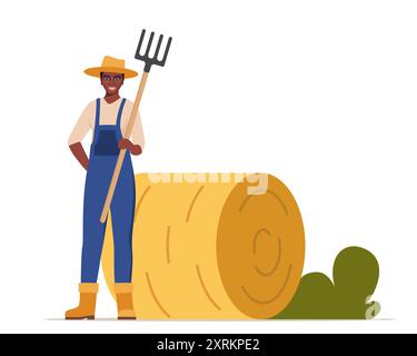 Farmer woman character with pitchfork near hayloft prepares hay in ...