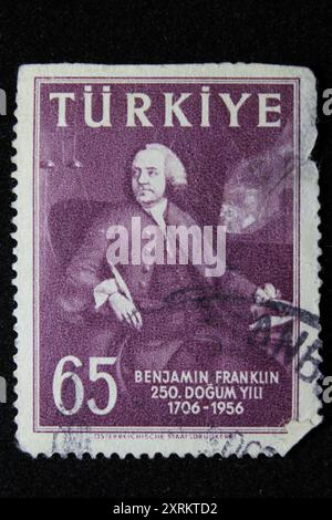 ISTANBUL, TURKEY - DECEMBER 25, 2020: Turkish stamp shows Benjamin Franklin circa 1957 Stock Photo