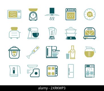 Kitchen appliances electronic electrical equipment tool vector isolated icon set. Graph symbol for cooking web site and apps design, logo, app, UI Stock Vector