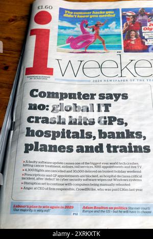 'Computer says no: global IT crash hits GP 's, hospitals, banks planes and trains' i weekend newspaper front page 20 - 21 July 2024 London England UK Stock Photo