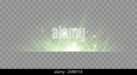Green horizontal lensflare. Light flash with rays or green spotlight. Glow flare light effect. Vector illustration. Isolated on transparent background Stock Vector