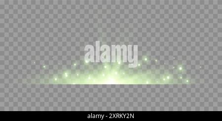 Green horizontal lensflare. Light flash with rays or green spotlight. Glow flare light effect. Vector illustration. Isolated on transparent background Stock Vector