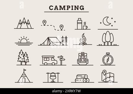 Camping line icons collection monoline style design Stock Vector