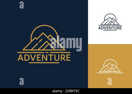 Minimalist line design logo with mountain and sun adventure concept Stock Vector