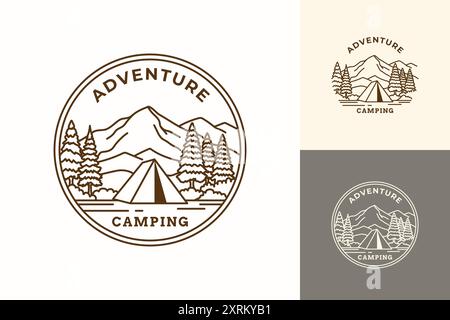 Camping adventure monoline logo with mountains and trees Stock Vector