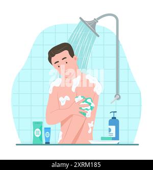 Man Taking a Shower in Bathroom for Healthcare Concept Illustration Stock Vector