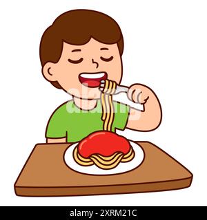 Cute cartoon boy eating spaghetti drawing. Happy child eating dinner, vector illustration. Stock Vector