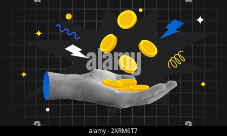 Retro collage. Hand catching falling money. Income or investment concept. Vector illustration Stock Vector