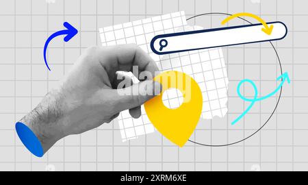 Retro collage with hand holding map marker with search bar. Vector illustration Stock Vector