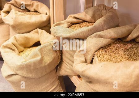 Wheat grains in sacks at mill storage. Agriculture Stock Photo