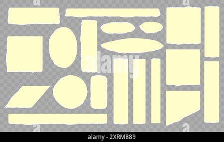 Torn horizontal yellow paper shape with shadow on transparent background. Jagged uneven edges pieces Ripped fragments for message label, banner Stock Vector