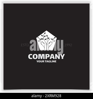 white colored plant silhouette in pentagon logo design vector template Stock Vector