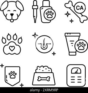Pets vitamins outline icons set. Different types of dogs medicine, vitamins and supplements. Simple outline vector icons for ui and ux, website or mob Stock Vector