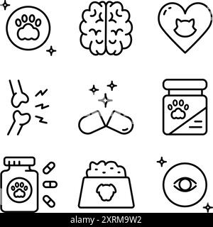 Pets vitamins outline icons set. Different types of pets medicine, vitamins and supplements. Simple outline vector icons for ui and ux, website or mob Stock Vector
