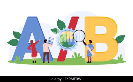 AB test, bucket testing, user experience research methodology. Tiny people compare versions of webpage, software or mobile app, examine AB text with magnifying glass cartoon vector illustration Stock Vector