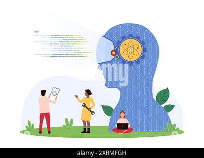 Creation of software code with help of AI, mobile app development and programming. Tiny people with wrench and smartphone work on coding web page, code optimization cartoon vector illustration Stock Vector