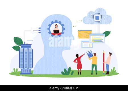 Big data research using AI assistant and cloud storage, machine learning. Tiny people work with virtual assistant inside human head to process information and knowledge, cartoon vector illustration Stock Vector