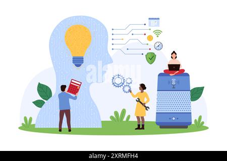 Voice recognition and control of AI personal assistant with smart speaker. Tiny people work light bulb and circuits inside human head, wireless connected speakers cartoon vector illustration Stock Vector