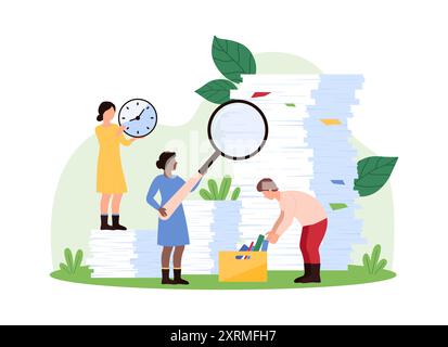 Business data analysis, paperwork organization. Tiny people research piles of paper documents with magnifying glass to sort into folder and archive, organize information cartoon vector illustration Stock Vector